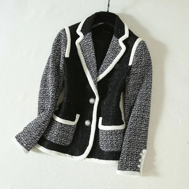 2019 autumn and winter new women's black white tweed color matching jacket + wide leg pants temperament suit | Женская одежда