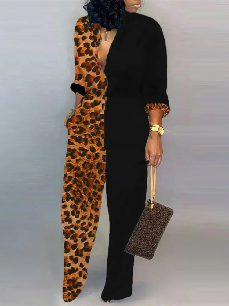 2020 Autumn Women Elegant Plus Size 3XL V Neck Casual Jumpsuits Female Party Leisure Plunge Colorblock Insert Leopard Jumpsuit | Женская