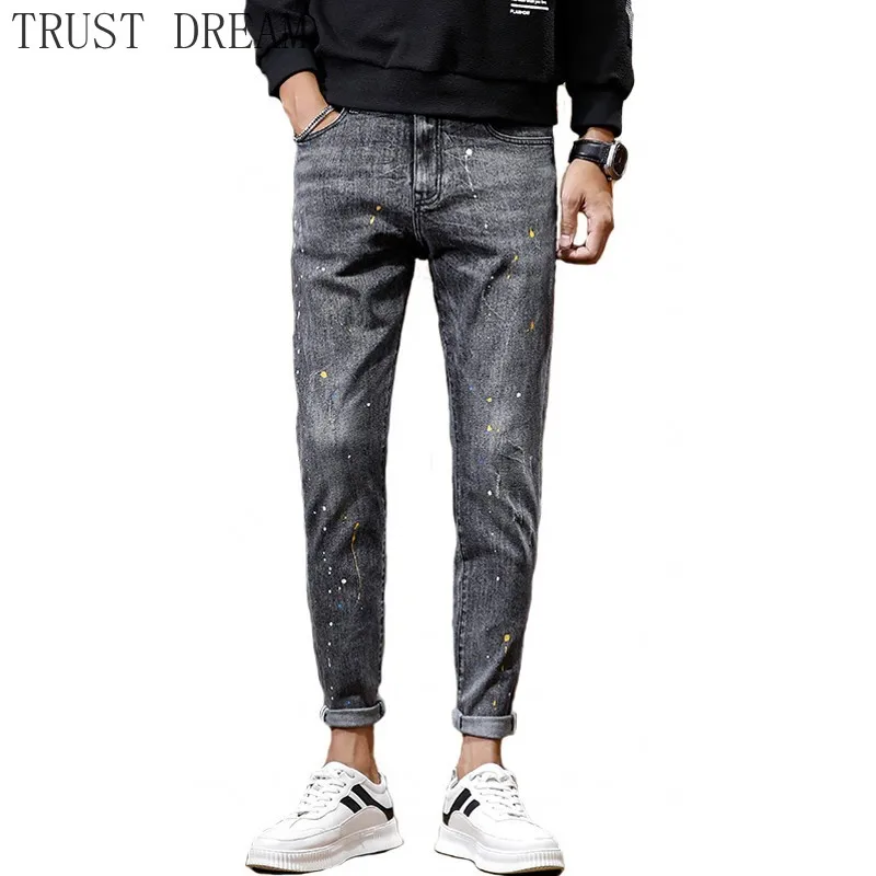 

2020 Men Paint Dot Jeans Slim Print Scratched Male Casual Denim Pants Streetwear High Street Floral Amaing Cool Clothing