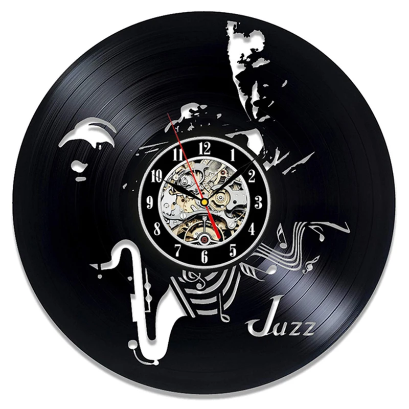 

Настенные часы Jazz с музыкальным проигрывателем, силуэт, тень, виниловая пластина, современный дизайн, Настенный декор ручной работы, подаро...