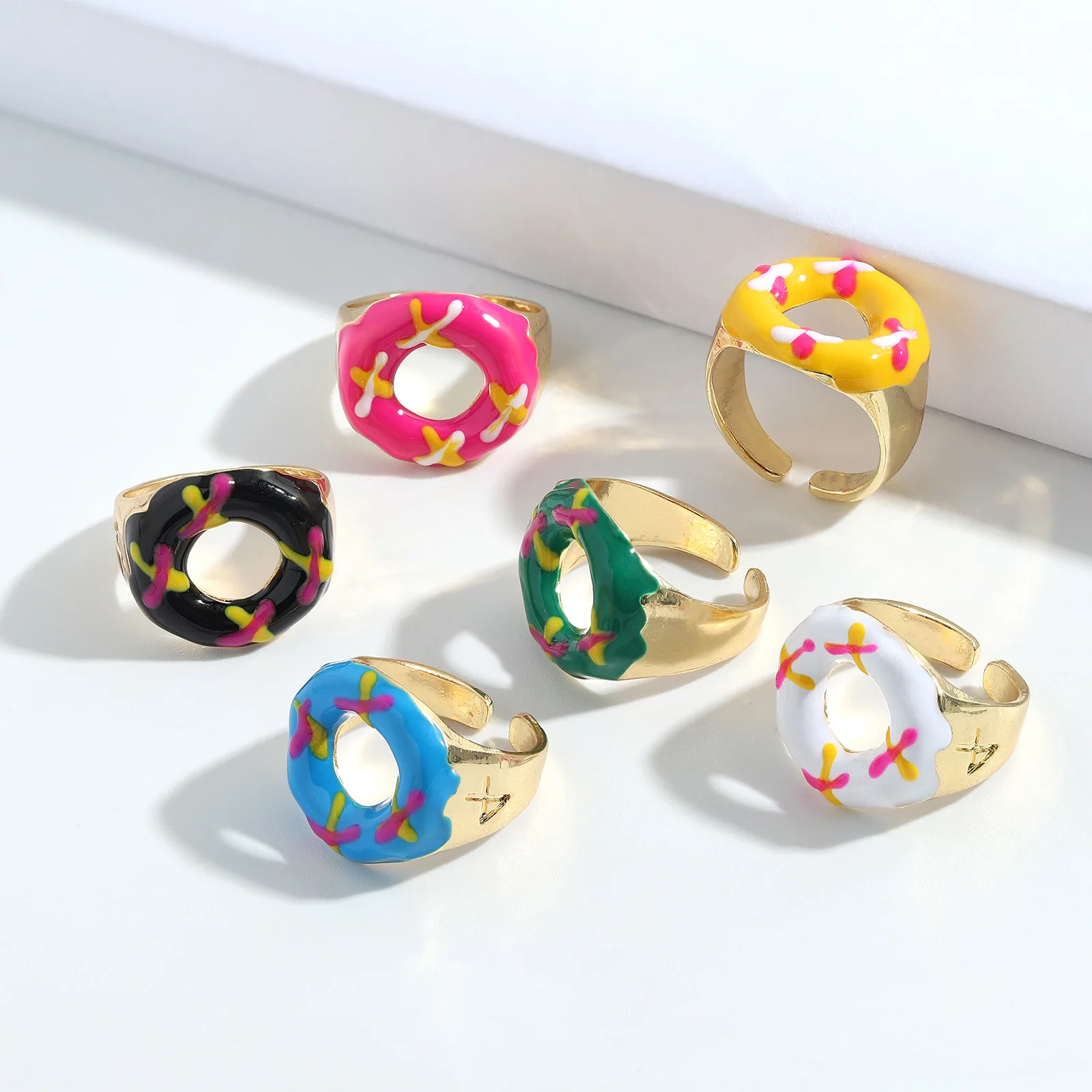 

New Korean Colorful Donuts Dripping Oil Hand Painted Open Rings For Women Sweet Round Hollow Rings For Party Jewelry Wholesale