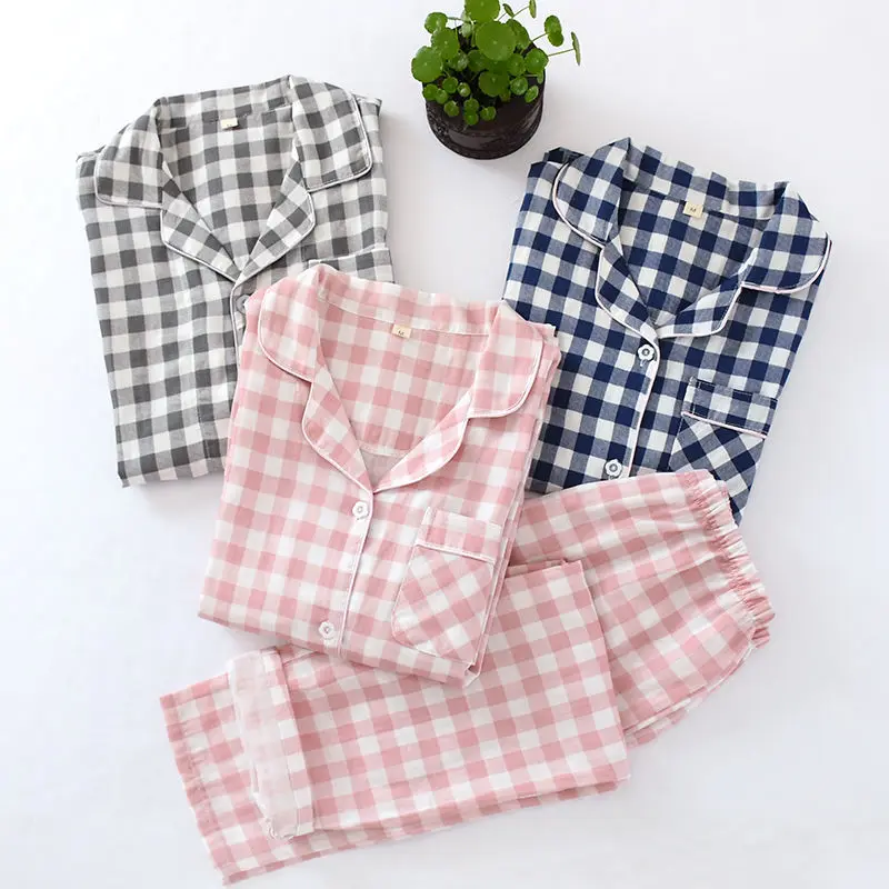 2021 New Spring Women Pajamas Set 100% Cotton Turn-down Collar  plaid Long-sleeve Sleepwear Homewear Nightshirt Casual Wear