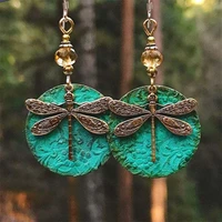 4cm verdigris art deco dragonfly earring vintage patina jewelry for women green dragonfly brass playful round earring i943i ed2