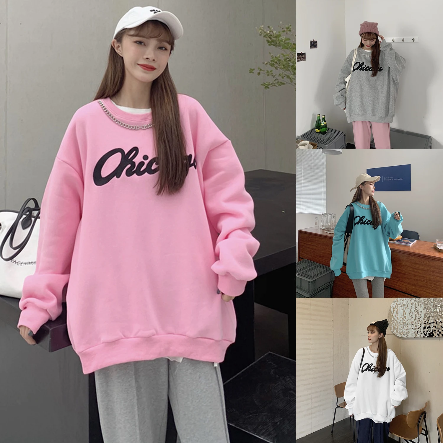 

Women's Plus Velvet Thick Sweater Salt Coat Loose Korean Round Neck Tops with Chain One Size