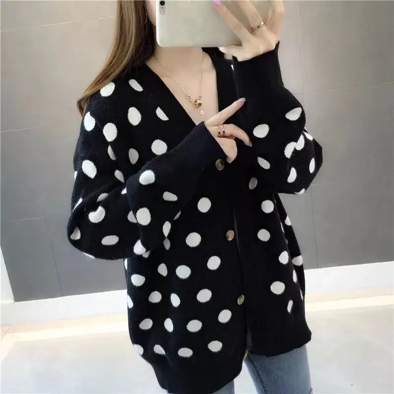 

Women's Knitted Cardigan V Neck Polka Dots Long Sleeves Loose Sweater Wholesale 2021 Autumn Winter New Fashion Lady Clothing