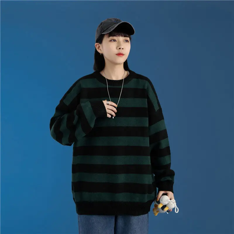 Suéter de punto a rayas verdes y negras para hombre y mujer, ropa informal de moda con cuello redondo, Otoño e Invierno