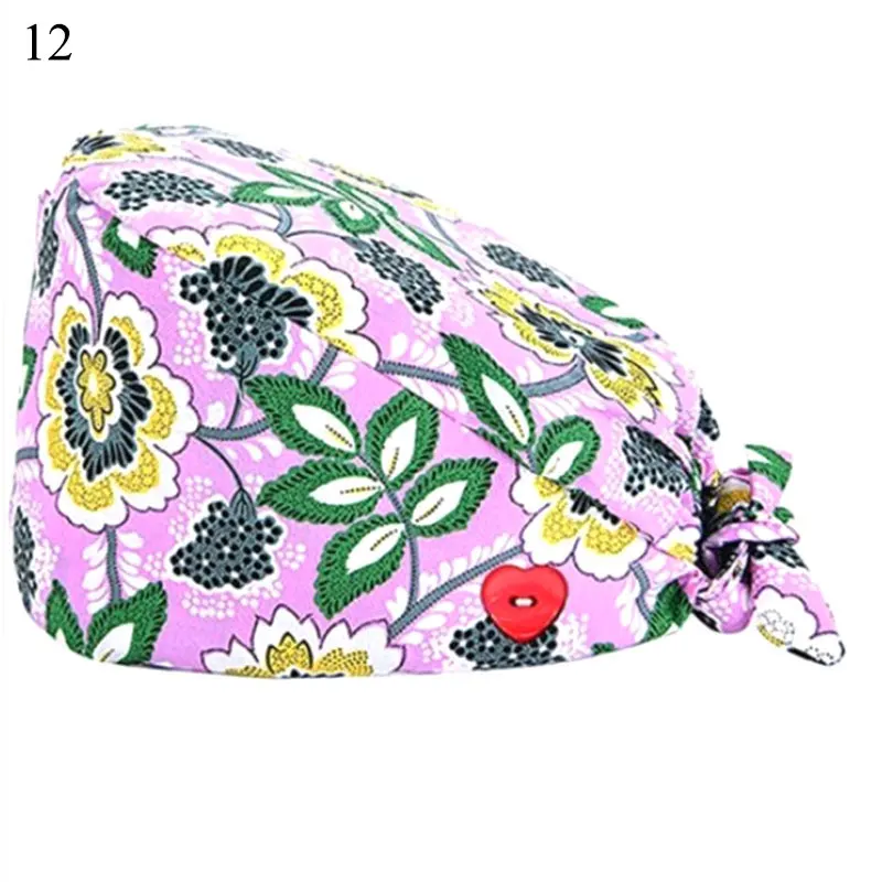 

2021 New Button Nurse Hat gorros Floral Bouffant Sanitary Cap With Sweatband Love Heart Printing Nursing Caps Scrub Cap