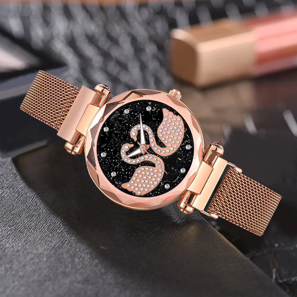 Женские кварцевые часы с магнитным магнитом камнями лебедем и бриллиантом