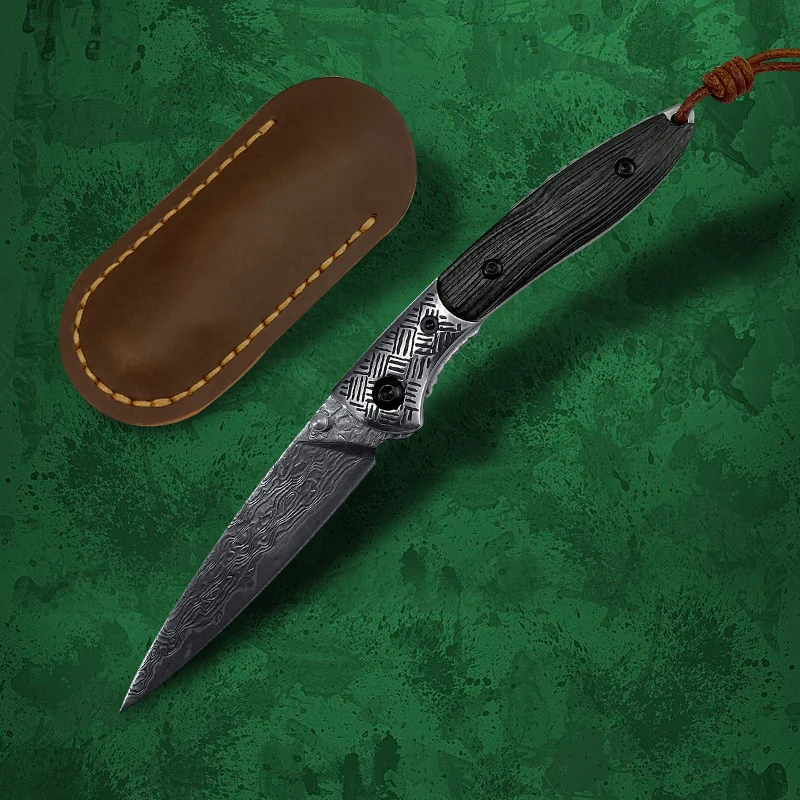 

Damascus Knife Camping Self-Defense Portable High Hardness Sharp Folding Knife Sandalwood Leather Case Handmade EDC Tool