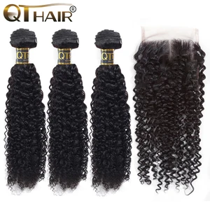 Бразильские кудри пучки с закрытием QT волосы для наращивания 3 пучка с закрытием вьющиеся человеческие волосы пучки с закрытием Remy