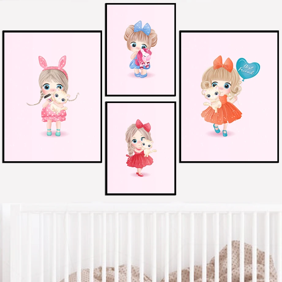 Милые животные цветные единороги каракули девушка детская настенная Картина на