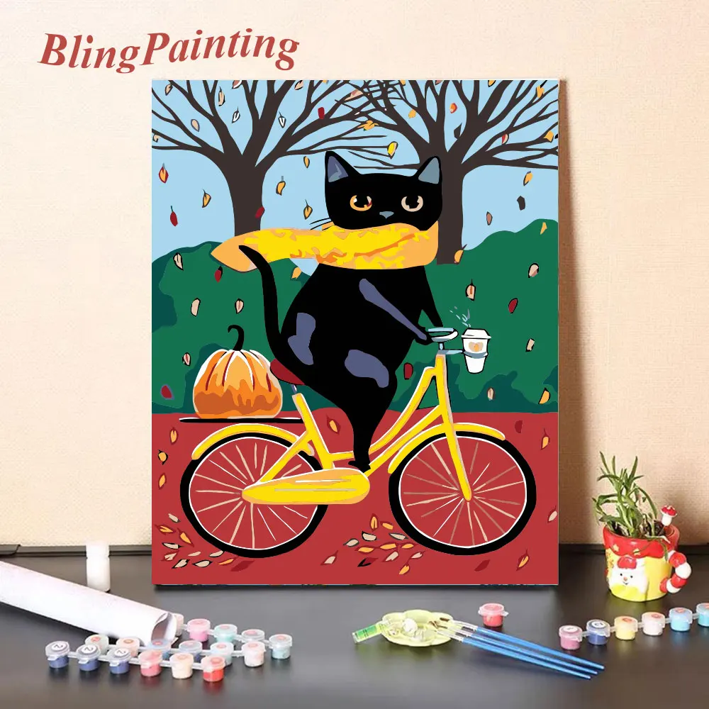 

Cat Ride Bicycle DIY Frame Oil Painting By Numbers Drawing On Canvas Acrylic Paint Kits HandPainted Wall Art Picture Home Decor