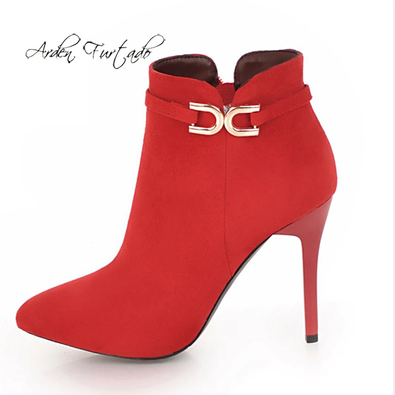 

Модные женские зимние ботинки с острым носком, на шпильке, на молнии, сексуальные элегантные женские ботинки, красные ботильоны, размер 41