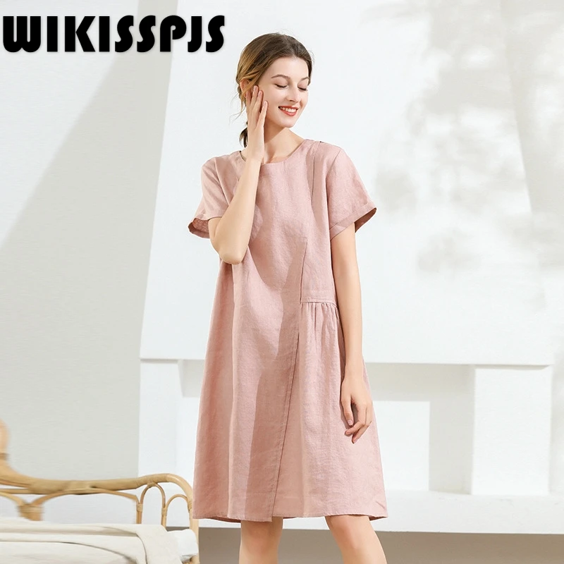 WIKISSPJS 2022 Spring  Summer New Short Sleeve Round Neck Medium Length Pure Linen Pajamas  Robe Sets  Sleep Tops Pink Lingerie