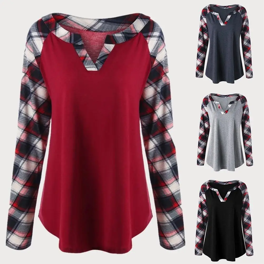 

Spring Autumn Women Plaid Patchwork V Neck Long Sleeve Causals T-Shirt Loose Top