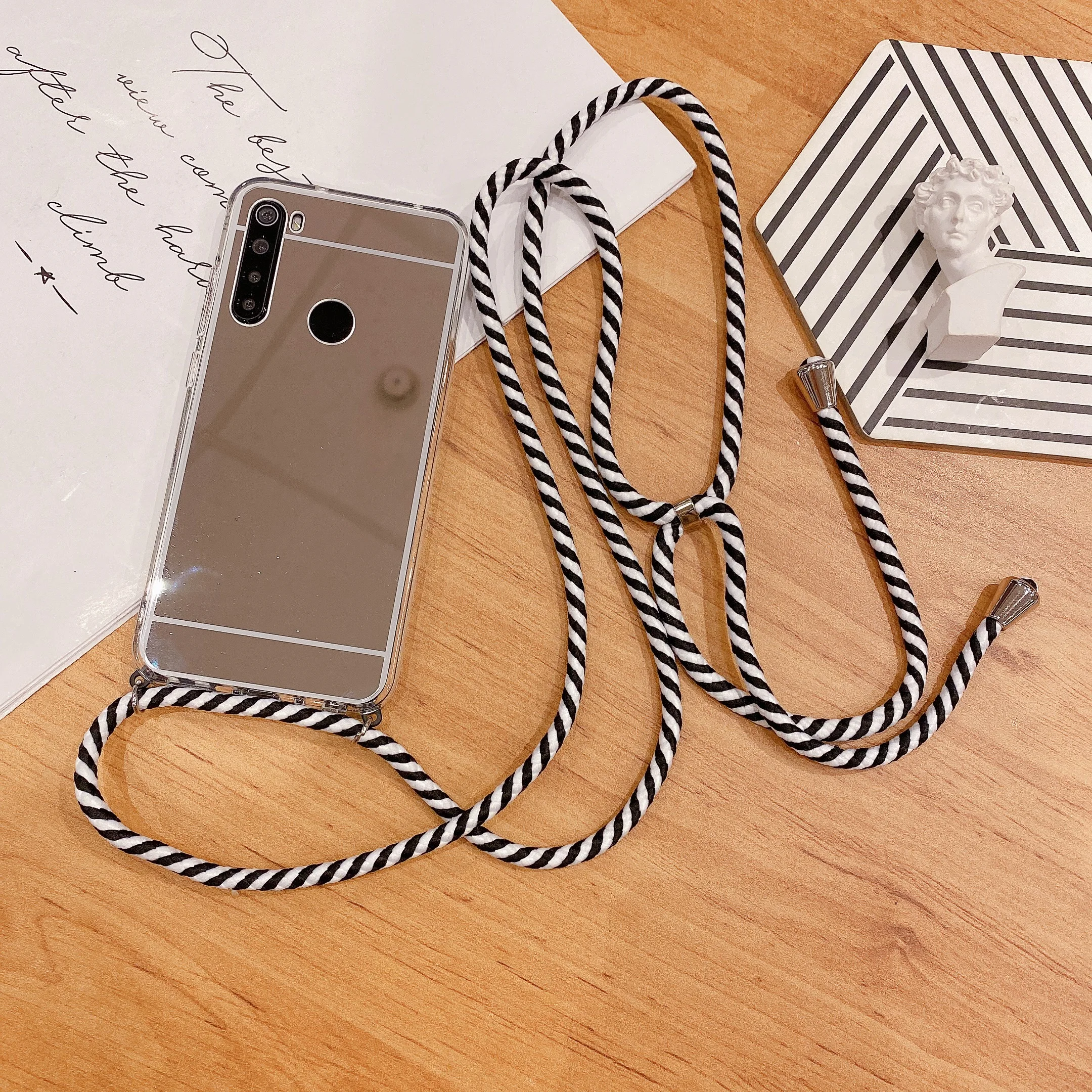 xiaomi leather case cosmos blue Plating Makeup Mirror Case for Xiaomi Redmi 4 5 6 7 8 9 6A 7A 8A S2 K20 K30 Pro Necklace Cord Chain Hanging Rope Crossbody Cover xiaomi leather case case