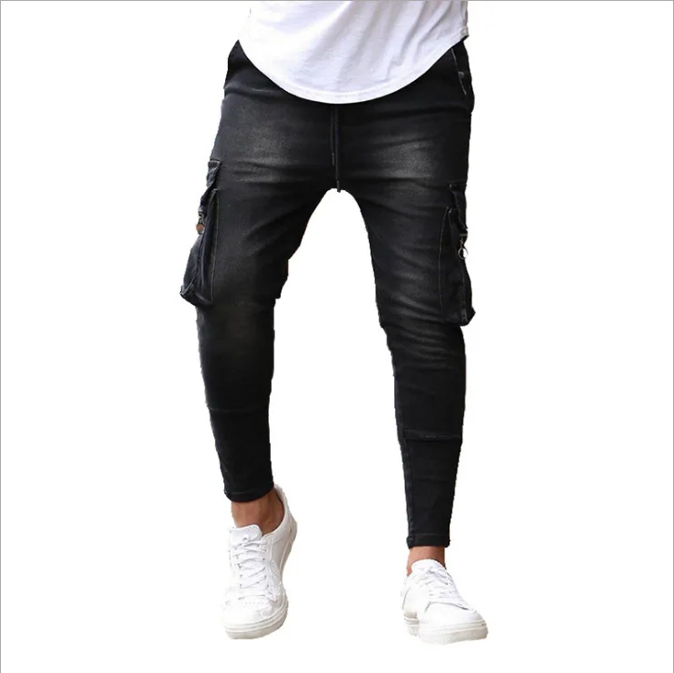 Black Jeans Men Slim Fit Multi-Pockets Zipper Cowboy Cargo Pants Male Casual Stretch Skinny Blue Jeans Pantalones