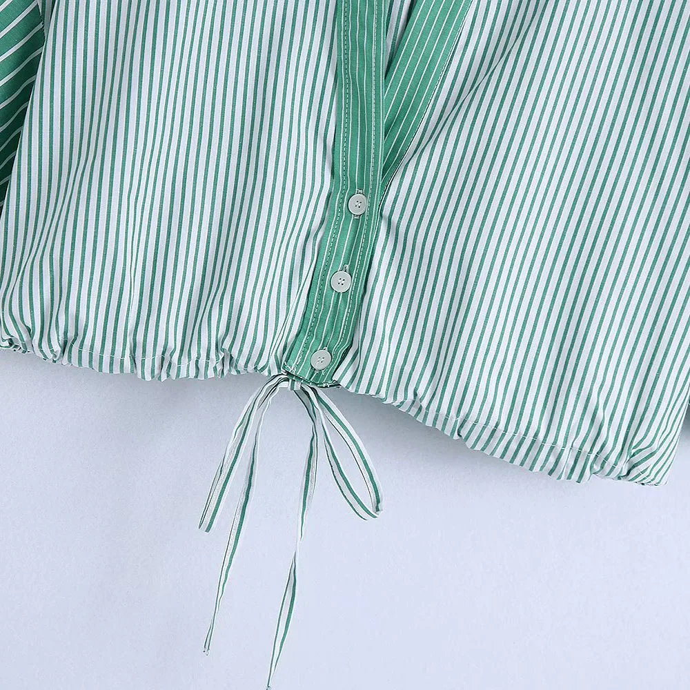 

Za Women 2021 Fashion Patchwork Striped Cropped Blouses Vintage Button-up Elastic Hem With Tie Female Shirts Chic Tops