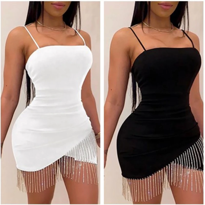 

Woman Tassel Birthday Split Sleeveless Night Mini Summer Dress Short femme Elegant Party Sexy Bodycon dresses Pencil Suspender