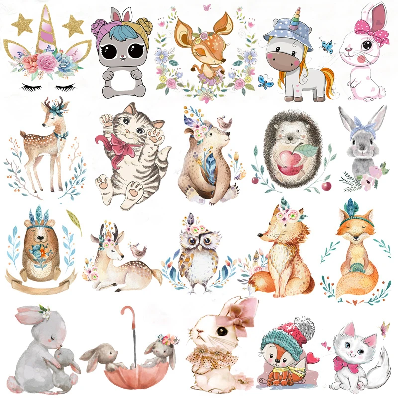 

Iron on Transfers Cute Animal Cat Patches for Kids Clothing Unicorn Applique Heat Transfer Vinyl Rabbits Patch Thermal Stickers