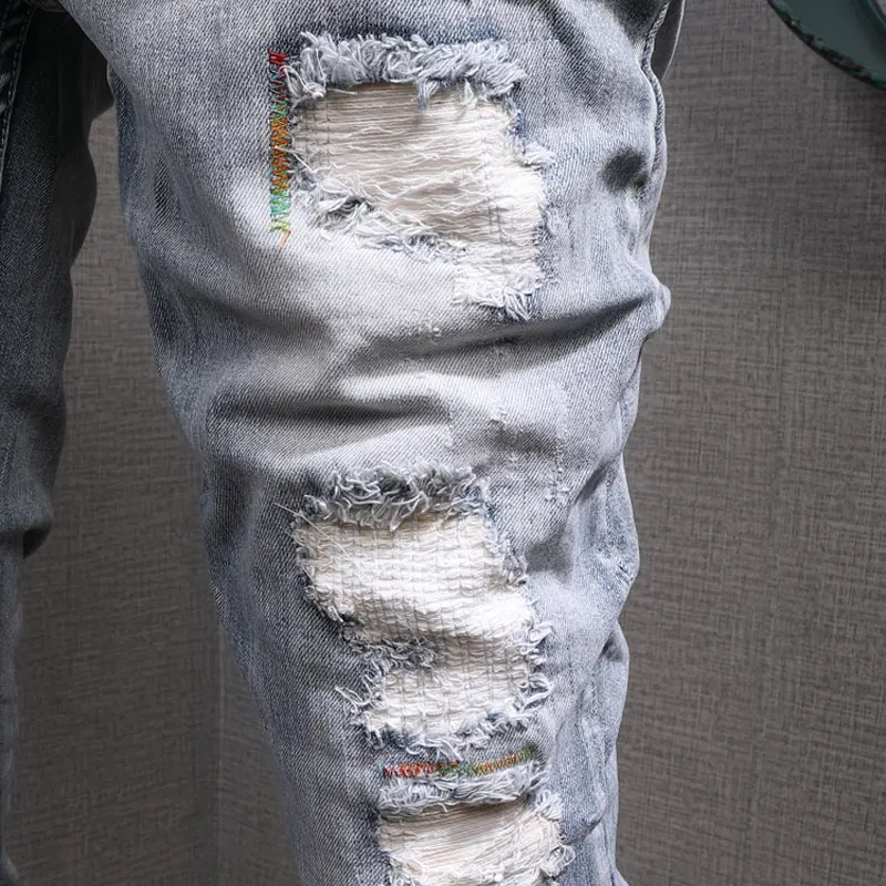 European American Street Fashion Men Jeans Retro Light Blue Destroyed Slim Ripped Jeans Men Patchwork Designer Denim Punk Pants