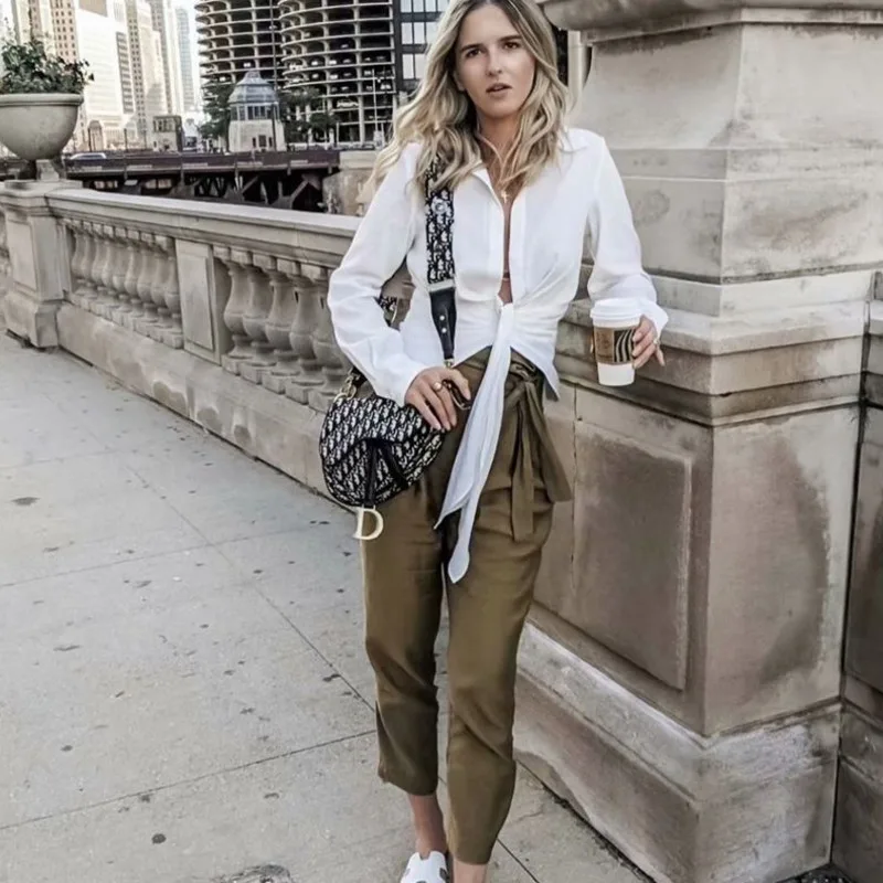 Блузка женская с длинным рукавом классическая белая офисная туника завязкой