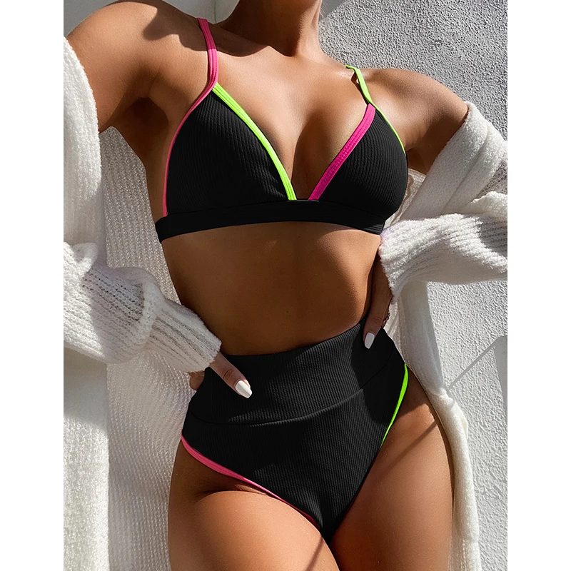 

JyoJyo Retro high waist bikinis 2021 mujer Color block swimsuit women Triangle sports swimwear female bathing suit 2 piece new