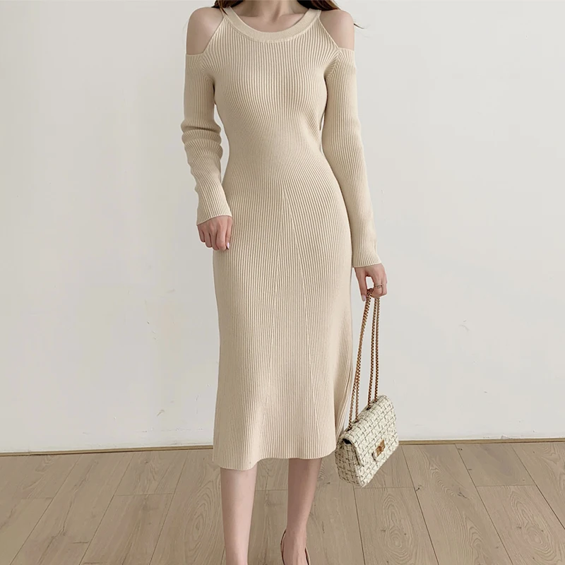 

Новинка 2021, модное сексуальное трикотажное платье без бретелек с узкой талией, цельное женское элегантное мягкое платье-свитер средней длины с длинным рукавом, корейский стиль