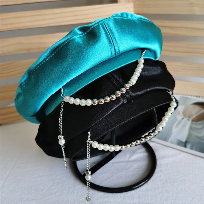 

Early Summer New Satin Berets For Women Pearl Chain Korean Fashion Cute Painter Hat Girls Personality Beret Boina Gorras Mujer