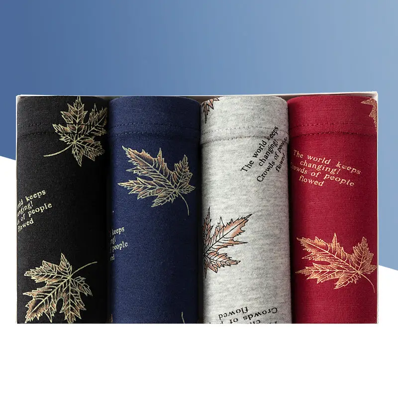 

4 Pcs Men's Underwear Boxer Print Underwear Cotton Shorts Male Couple Sexy Maple Leaf Letters Plus Size Underwear Cotton Shorts