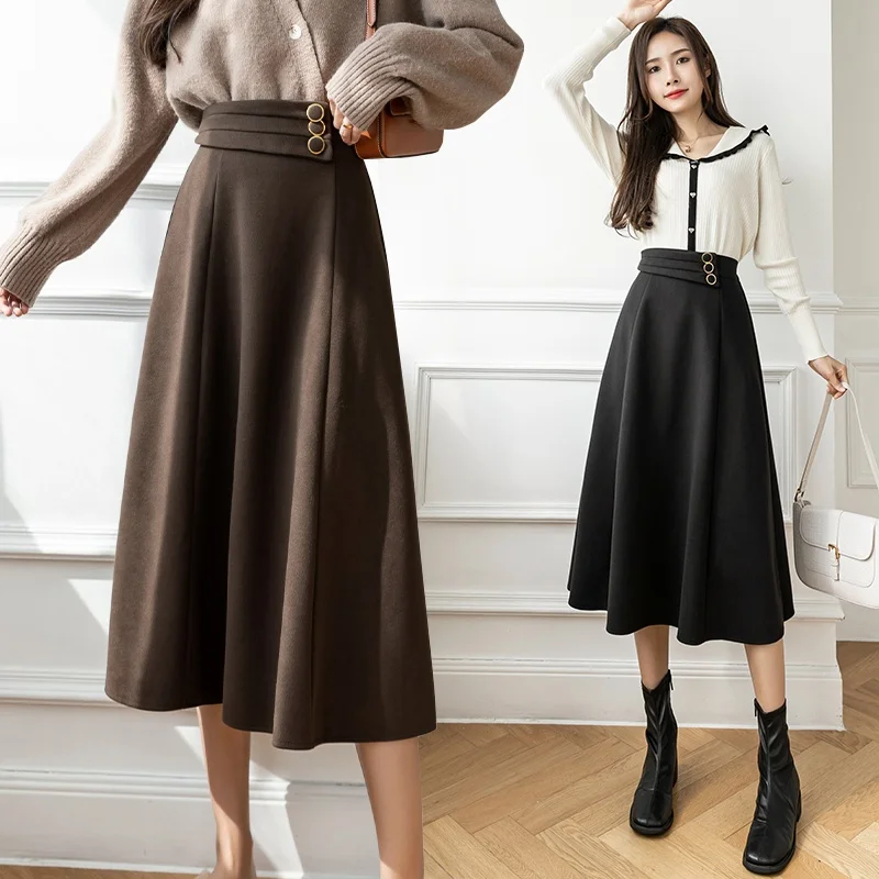 

2021 Autumn Winter New Women Wool Skirt Vintage Style Buttons High Waist A-line Woolen Long Skirts Elegant Ladies Umbrella Skirt