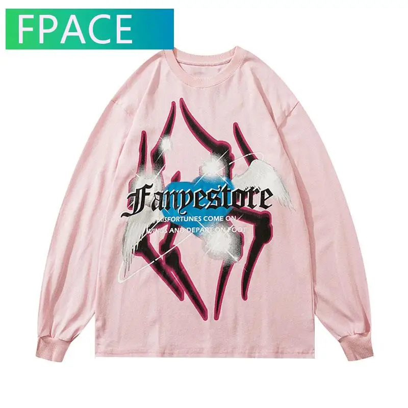 

FPACE Tshirts Hip Hop Graffiti Wings Heart Print Long Sleeve Tees Shirts Streetwear Harajuku Casual Cotton Loose Fashion Tops