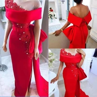 red mother of the bride dresses sheer jewel neck lace pearls prom gowns floor length special occasion dresses side split