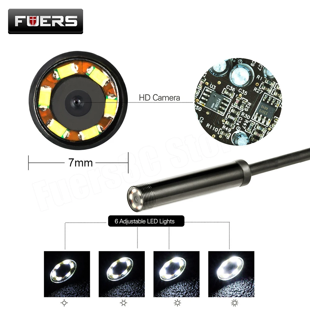 FUERS 5.5m/7mm Lens USB Endoscope Camera Waterproof Flexible Wire Snake Tube Inspection Borescope for OTG Compatible Android PC |