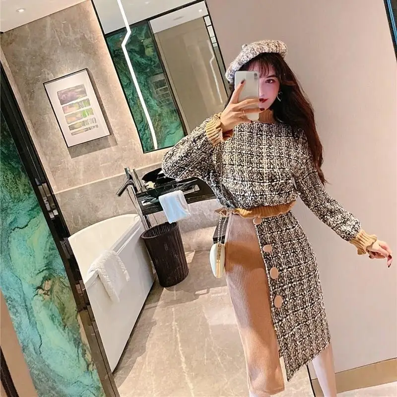 Женские твидовые клетчатые топы и тонкая Комбинированная юбка 2 шт. костюмы с