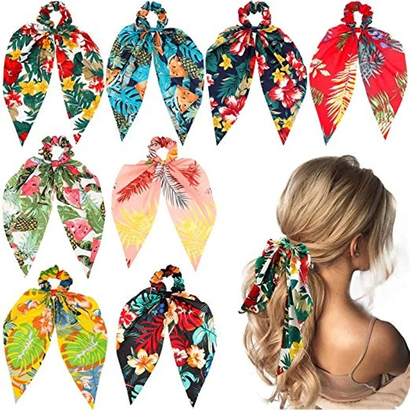 Bohemian Chiffon Flower Shrink Scarf Hair Band Ponytail Entrainment Bow Floral Print Hair Bundle Rope