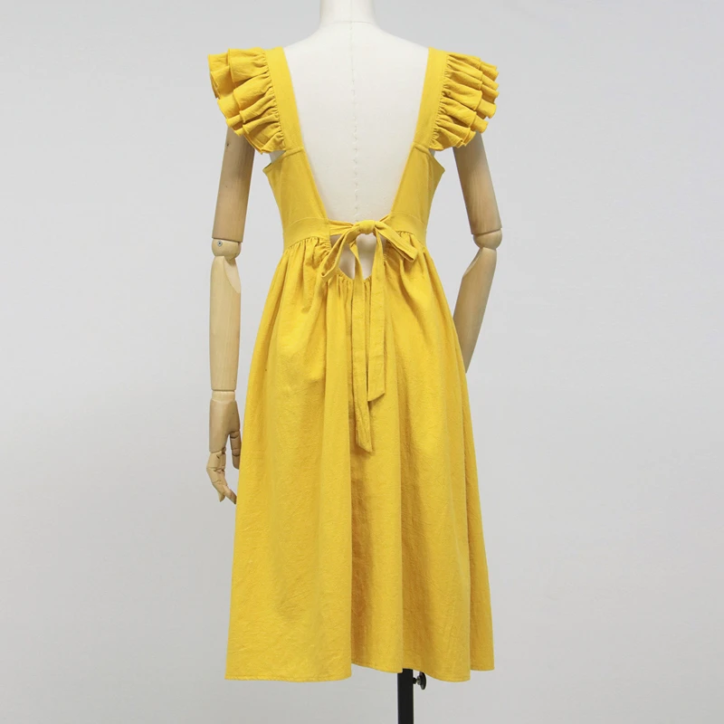 

2021 Spring and Summer Dress Ruffle Stitching Sleeve Square Collar Elegant Dresses for Woman Yellow Sexy Backless Lace-up Dress