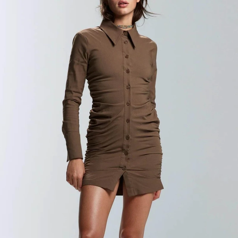 

Skinny Women Shirt Dress With Gathering Autumn 2021 New Fashion Full Sleeve Above Knee Modern Lady Sheath Clothes Female Vestido
