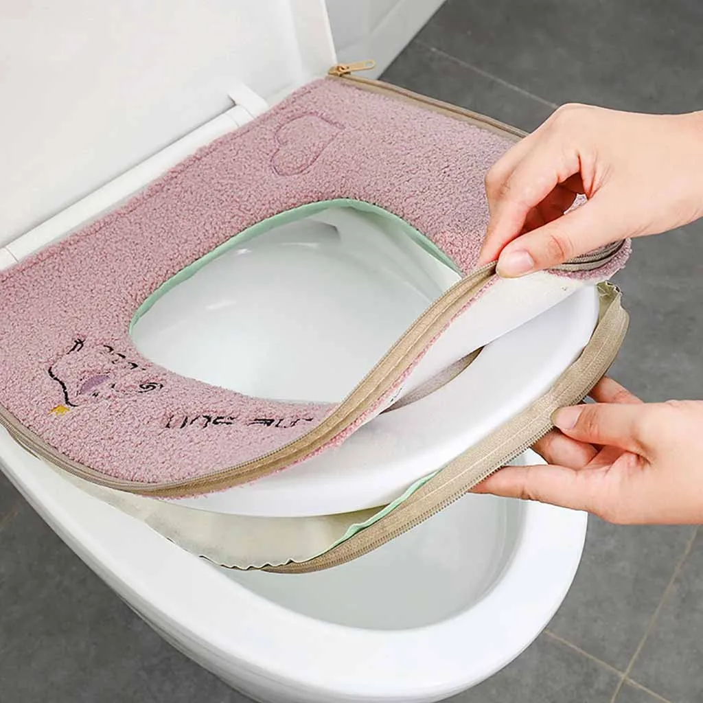 Home Bathroom Winter Plush Soft Toilet Seat Pad Cover Cute Elephant Pattern Printing Warm Toilet Seat Zipper With Handle