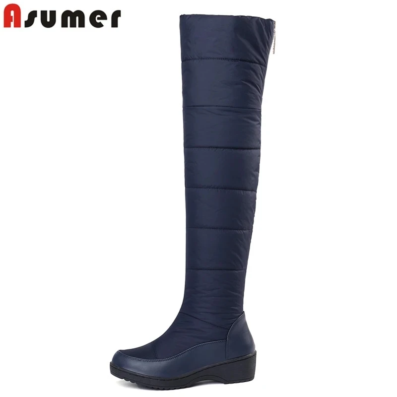 ASUMER/ г. Новые теплые зимние сапоги для женщин, обувь на платформе высокие сапоги до бедра ботфорты на молнии с густым мехом европейские размеры 35-44