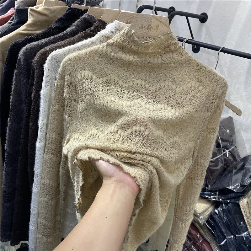 

Half high collar ground wool t-shirt women long sleeve lace t-shirt female bottomed t-Shirt Top P3 539