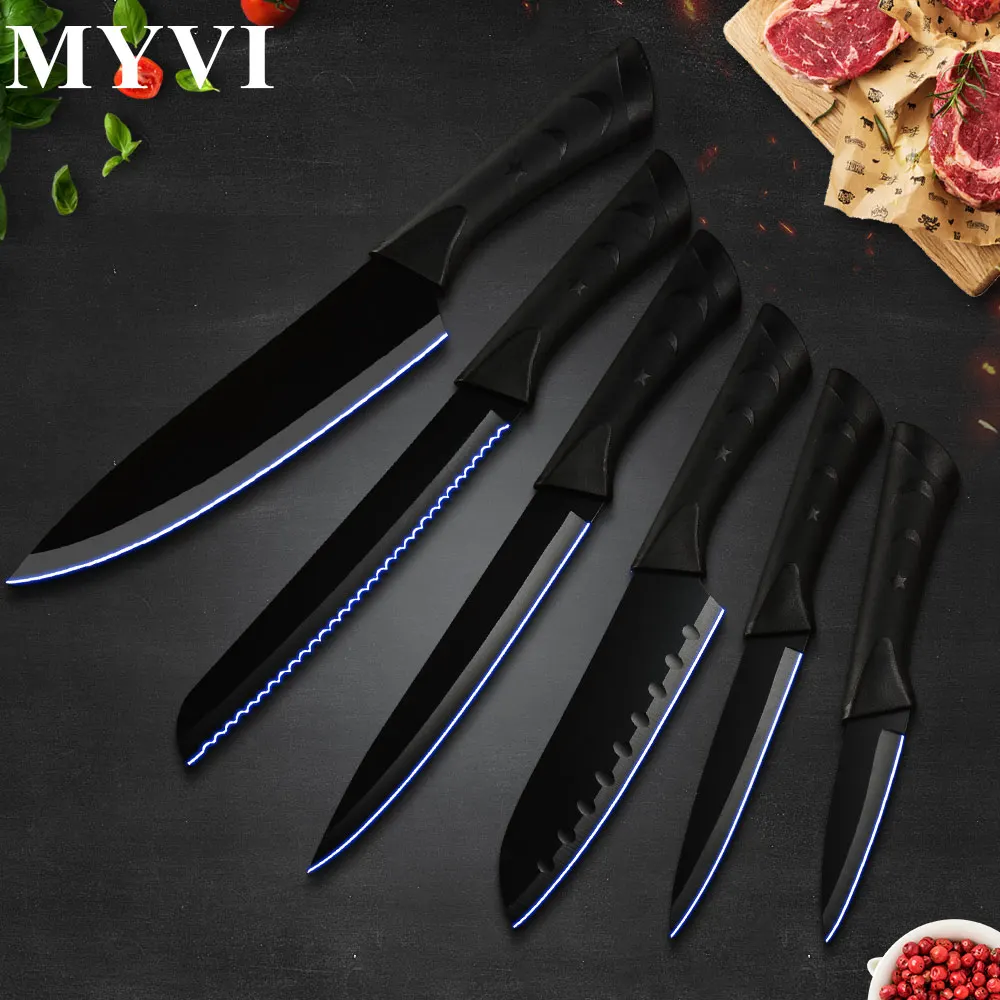 A.6 pcs set Черный нож из нержавеющей стали 6 шт. набор кухонных ножей Ультра острый нож шеф-повара Santoku нож для резки хлеба нож Прямая поставка - Цвет: A.6 pcs set