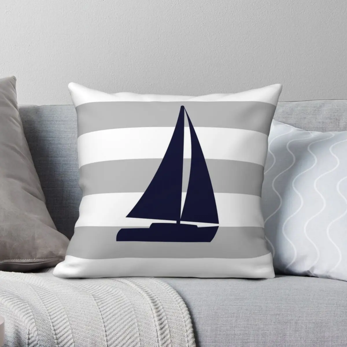

Nautical Navy Blue Sailboat Stripes Pillowcase Polyester Linen Velvet Printed Zip Decor Throw Pillow Case Sofa Cushion Cover