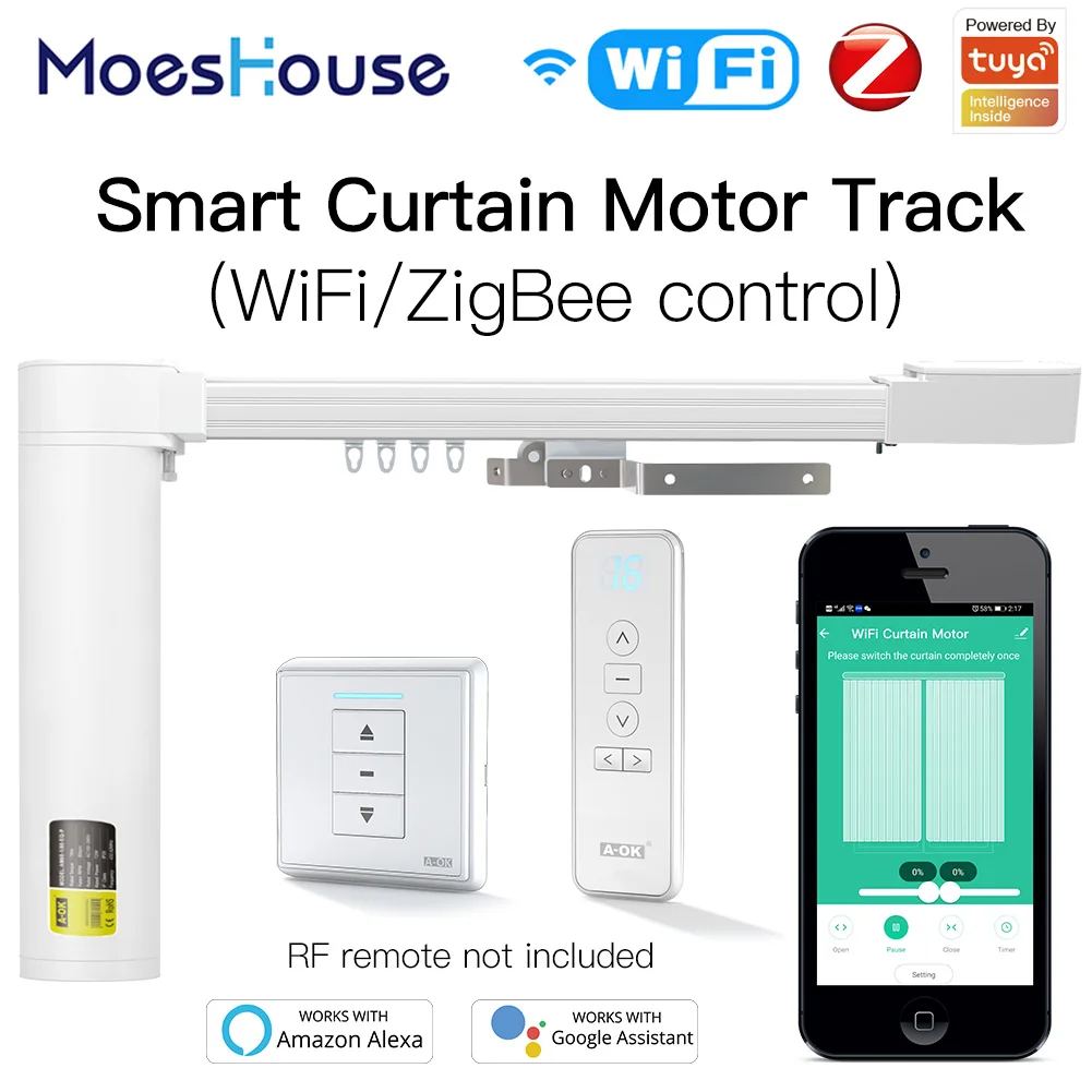 

New Upgraded WiFi ZigBee Tuya Smart Curtain Motor Track Customized System RF Remote Alexa Google Home Multiple Controlling Modes