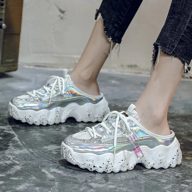 

2021 New Style Women Sneakers Breathable Mesh Casual Mules Shoes Female Fashion Sneaker Lace Up Leisure Women Vulcanize Slides