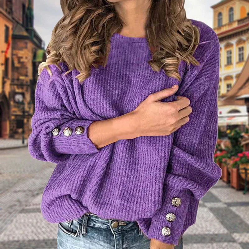Женский осенне-зимний вязаный свитер с круглым вырезом и длинными рукавами на