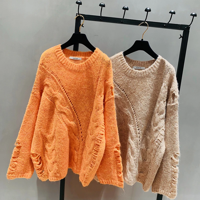 Женский пуловер с круглым вырезом свободный длинный вязаный свитер средней