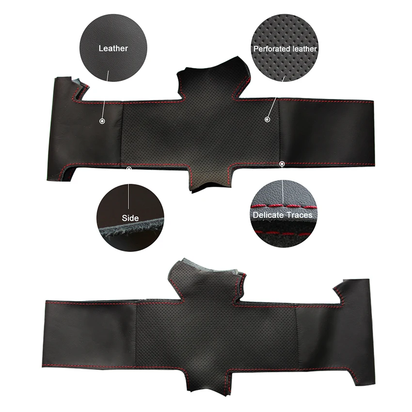 Сшитый вручную черный искусственный кожаный чехол рулевого колеса автомобиля