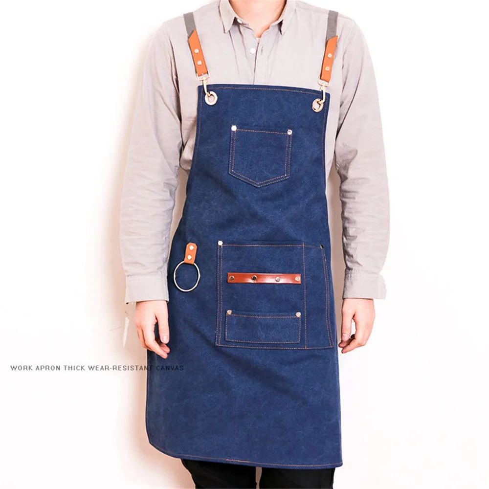 

Labour work Canvas Apron with Pockets Home Barber Coffee Restaurant Bib Leather Chef Kitchen Apron For Women Men Safety pinafore