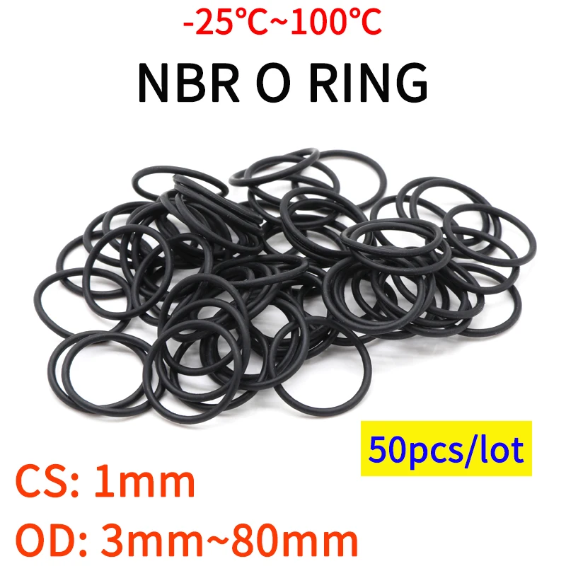 

50pcs NBR O Ring Seal Gasket Thickness CS 1mm OD 3~80mm Nitrile Butadiene Rubber Spacer Oil Resistance Washer Round Shape Black